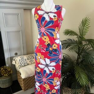 Vintage Active USA Red and White Floral Sleeveless Sheath Maxi Dress